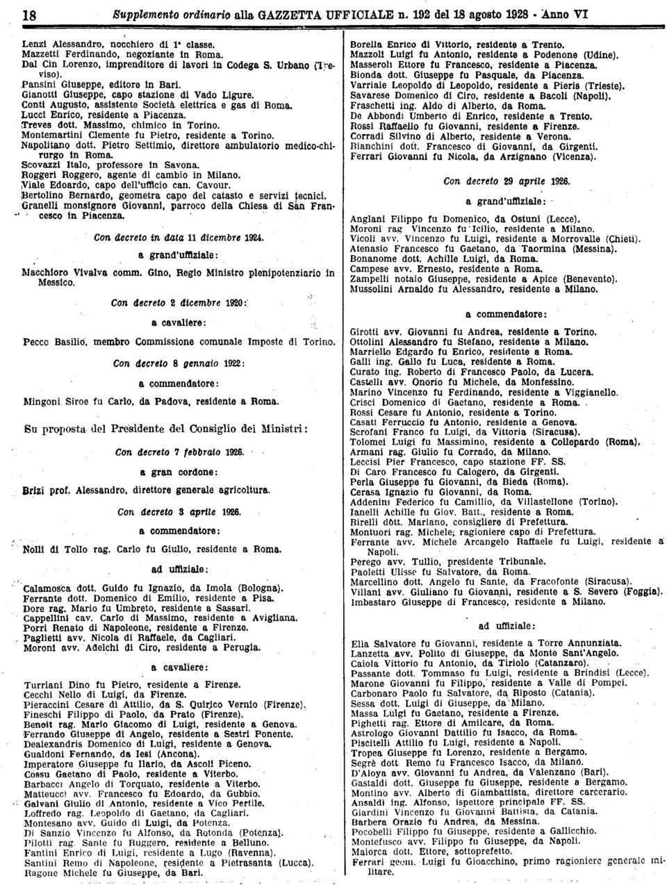 Lucci Enrico, residente Picenz. Treves dott. Mssimo, chimico in Torino. Montemrtini Clemente fu Pietro, residente Torino. Npolitno dott. Pietro Settimio, direttore mbultorio medico-chirurgo in Rom.