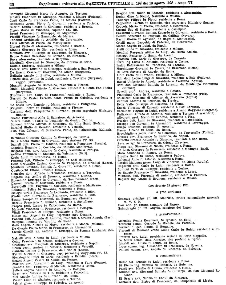 Bruni Frncesco fu Giuseppe, d Miglionico. Pizzilli Vincenzo fu Emnuele, d Mter. Tonolini Archimede fu Aristide, d Crvggio. Lizzi Alfredo di Pietro, d Mrtigncco.