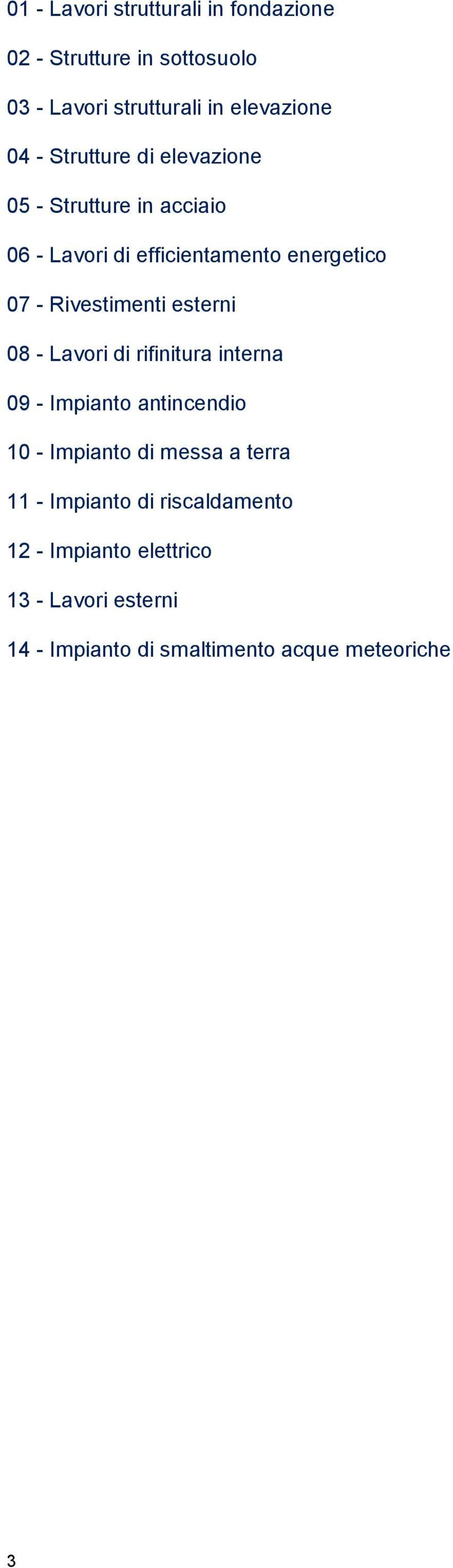 esterni 08 - Lavori di rifinitura interna 09 - Impianto antincendio 10 - Impianto di messa a terra 11 -