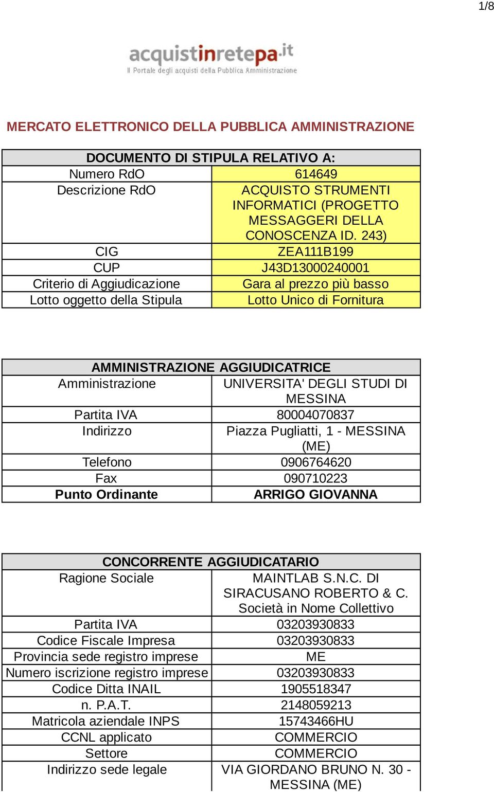 UNIVERSITA' DEGLI STUDI DI MESSINA Partita IVA 80004070837 Indirizzo Piazza Pugliatti, 1 - MESSINA (ME) Telefono 0906764620 Fax 090710223 Punto Ordinante ARRIGO GIOVANNA CONCORRENTE AGGIUDICATARIO