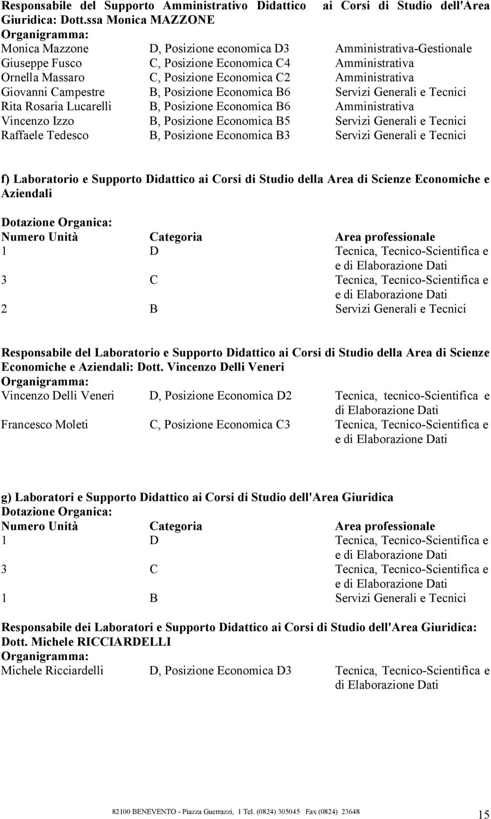 Giovanni Campestre B, Posizione Economica B6 Servizi Generali e Tecnici Rita Rosaria Lucarelli B, Posizione Economica B6 Amministrativa Vincenzo Izzo B, Posizione Economica B5 Servizi Generali e