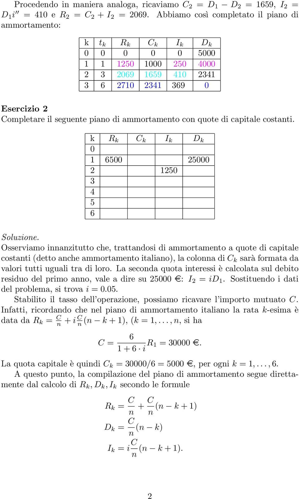 k R k C k I k D k 0 6500 25000 2 250 3 4 5 6 Osserviamo iazitutto che, trattadosi di ammortameto a quote di capitale costati (detto ache ammortameto italiao), la coloa di C k sarà formata da valori