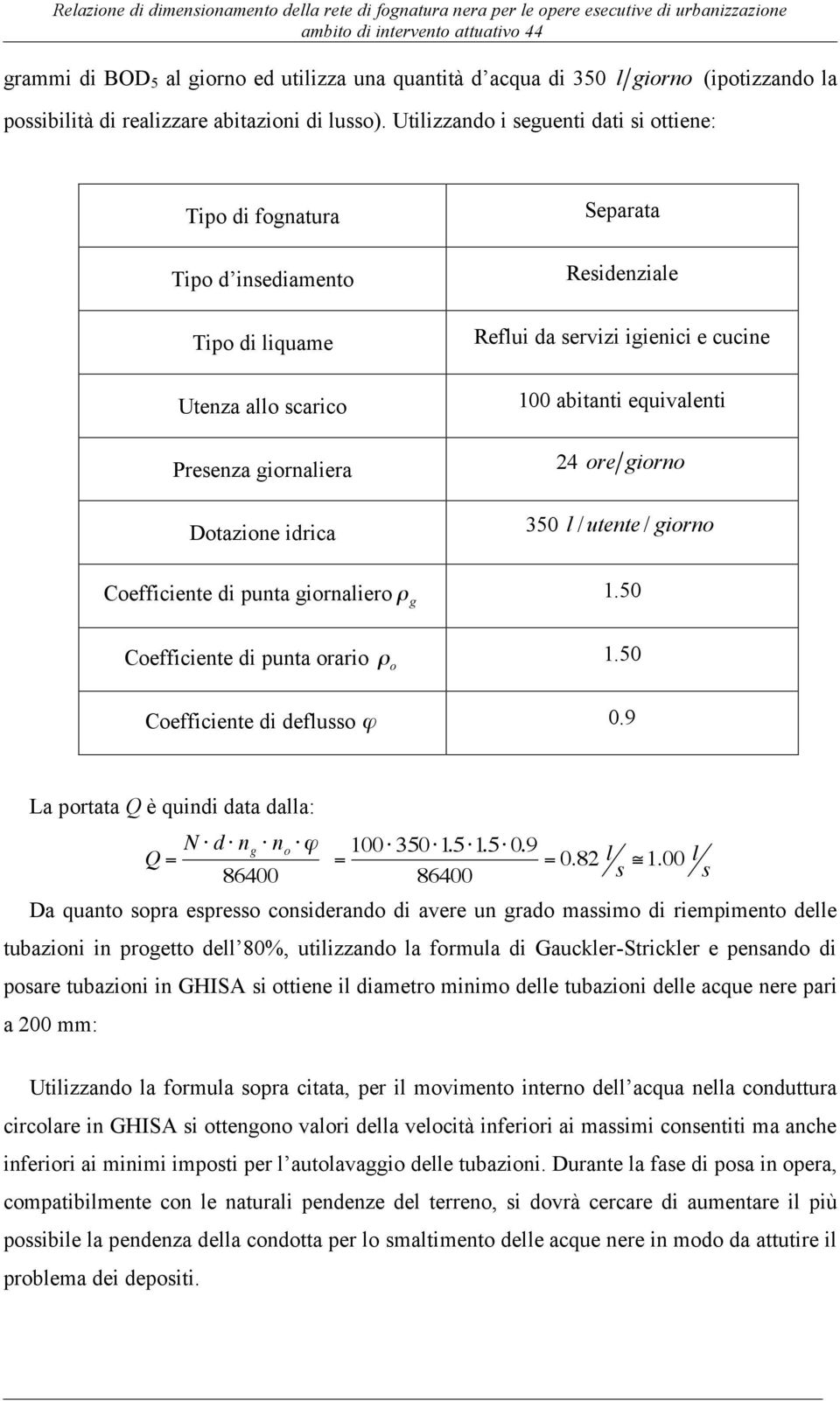 100 abitanti equivalenti Presenza giornaliera 24 ore giorno Dotazione idrica 350 l / utente / giorno Coefficiente di punta giornaliero 1.50 Coefficiente di punta orario g 1.