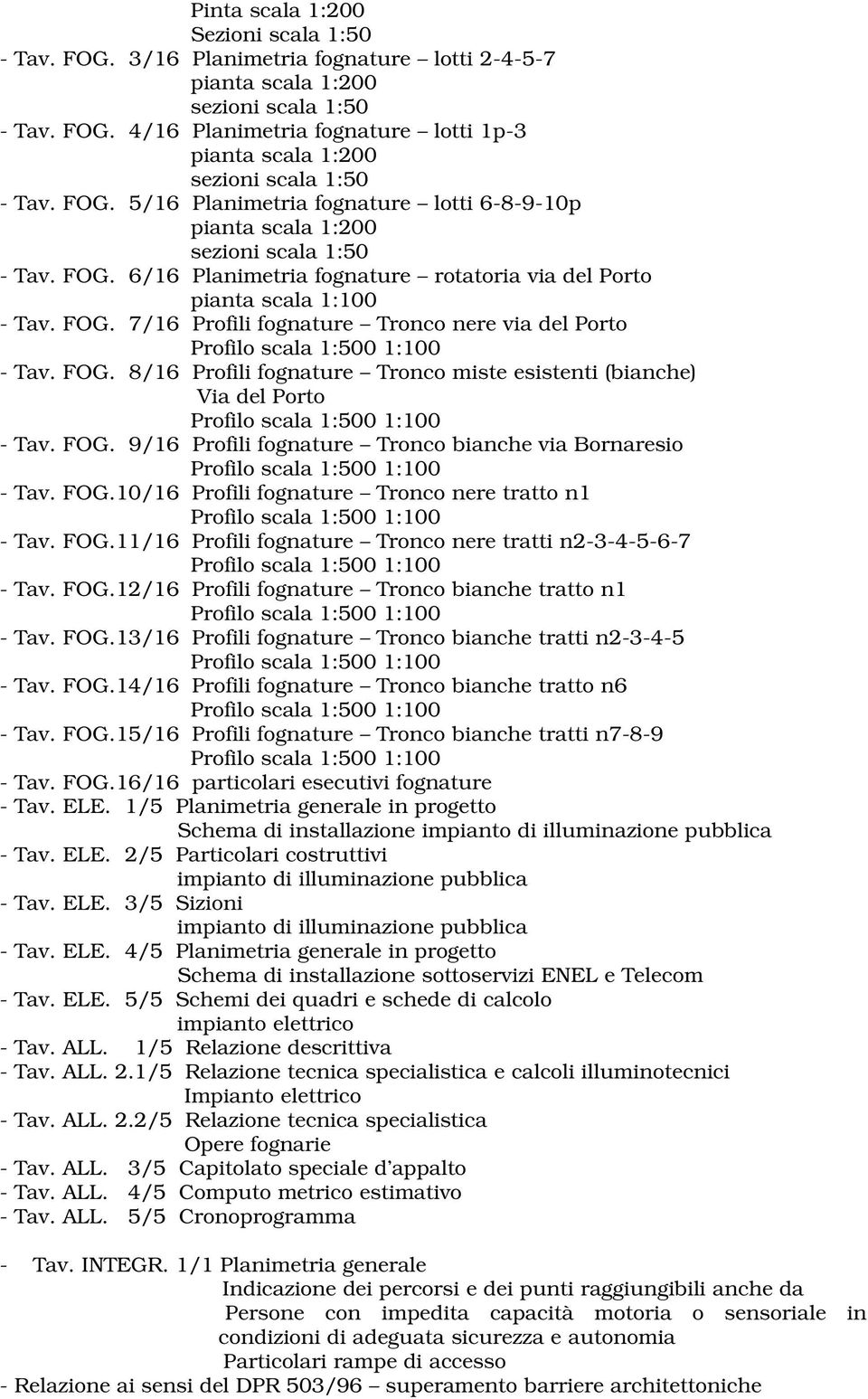 FOG. 9/16 Profili fognature Tronco bianche via Bornaresio - Tav. FOG.10/16 Profili fognature Tronco nere tratto n1 - Tav. FOG.11/16 Profili fognature Tronco nere tratti n2-3-4-5-6-7 - Tav. FOG.12/16 Profili fognature Tronco bianche tratto n1 - Tav.