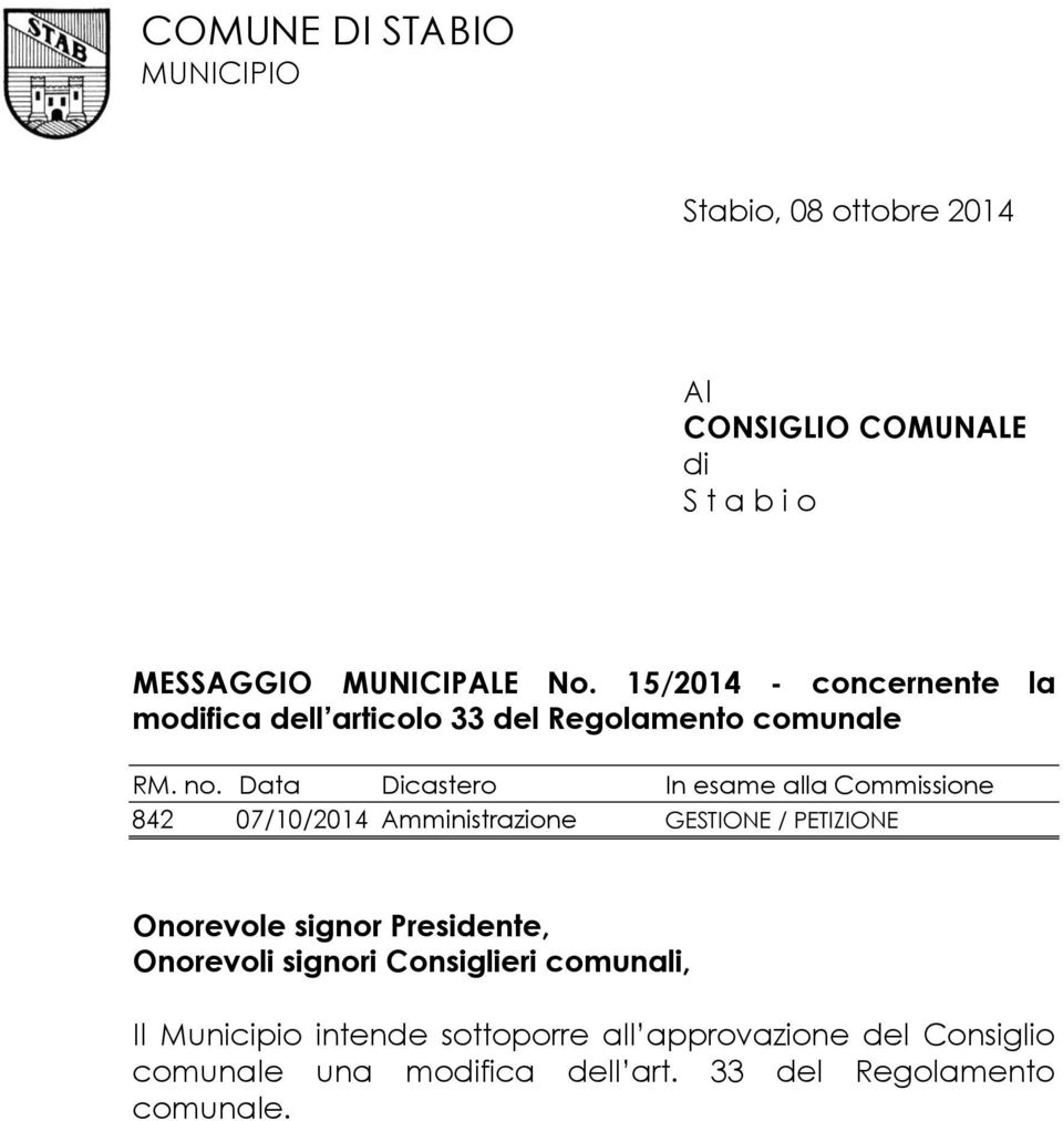 Data Dicastero In esame alla Commissione 842 07/10/2014 Amministrazione GESTIONE / PETIZIONE Onorevole signor