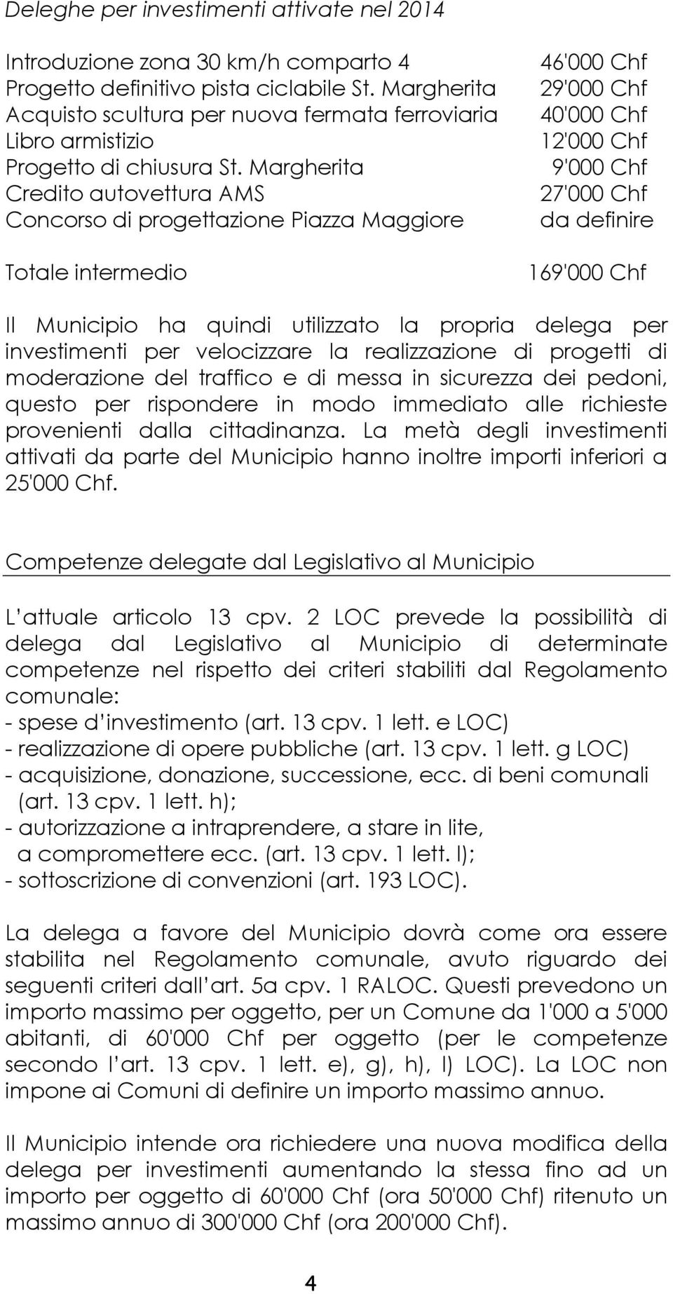 Margherita Credito autovettura AMS Concorso di progettazione Piazza Maggiore Totale intermedio 46'000 Chf 29'000 Chf 40'000 Chf 12'000 Chf 9'000 Chf 27'000 Chf da definire 169'000 Chf Il Municipio ha