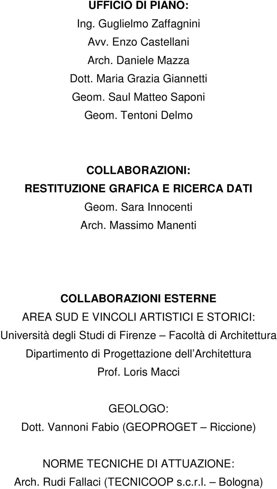 Massimo Manenti COLLABORAZIONI ESTERNE AREA SUD E VINCOLI ARTISTICI E STORICI: Università degli Studi di Firenze Facoltà di Architettura