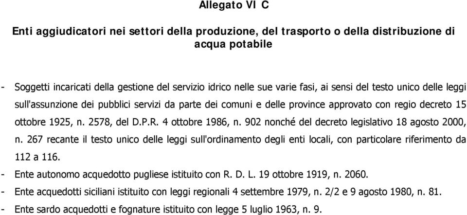 902 nonché del decreto legislativo 18 agosto 2000, n. 267 recante il testo unico delle leggi sull'ordinamento degli enti locali, con particolare riferimento da 112 a 116.