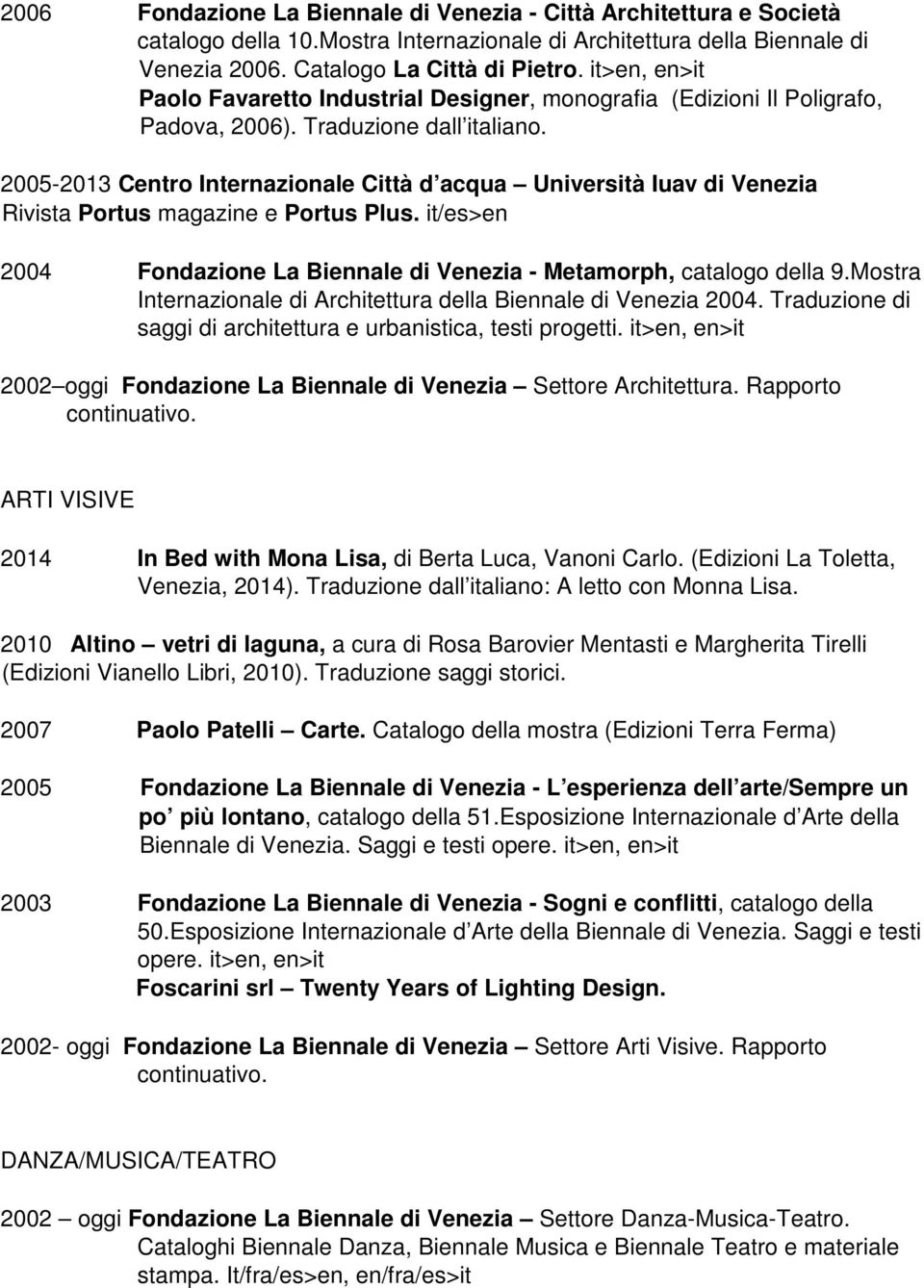 2005-2013 Centro Internazionale Città d acqua Università Iuav di Venezia Rivista Portus magazine e Portus Plus. it/es>en 2004 Fondazione La Biennale di Venezia - Metamorph, catalogo della 9.