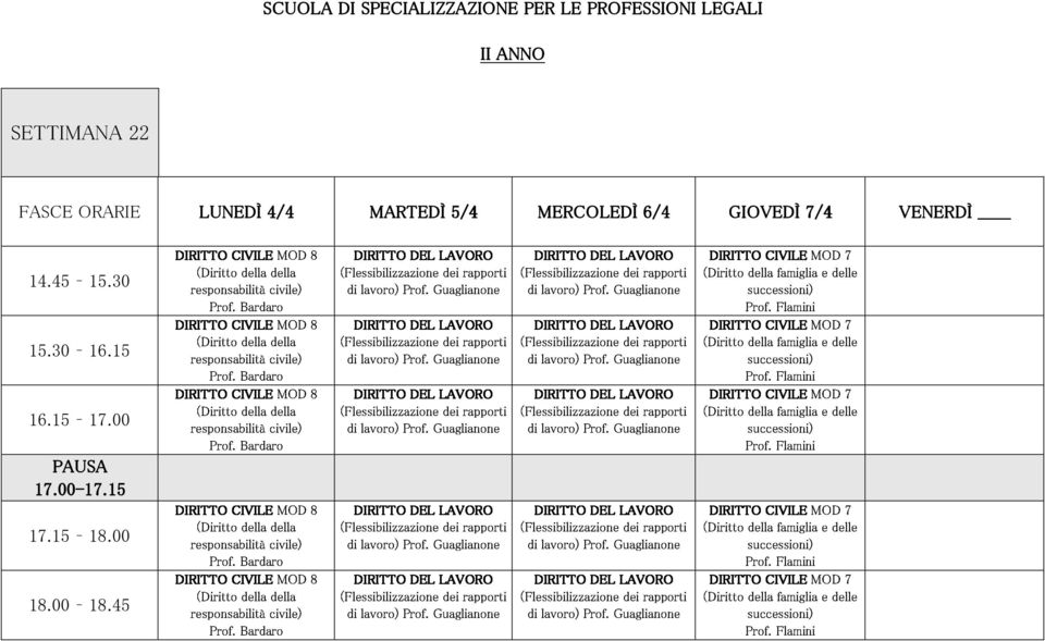 successioni) della Flamini famiglia delle MARTEDÌ 5/4 MERCOLEDÌ 6/4 GIOVEDÌ 7/4 responsabilità Prof. CIVILE Bardaro civile) MOD 8 (Flessibilizzazione di lavoro) Prof.