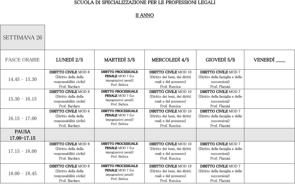 successioni) della Flamini famiglia delle MARTEDÌ 3/5 MERCOLEDÌ 4/5 GIOVEDÌ 5/5 responsabilità Prof. Bardaro civile) PENALE PROCESSUALE CIVILE MOD 8 impugnazioni Prof.