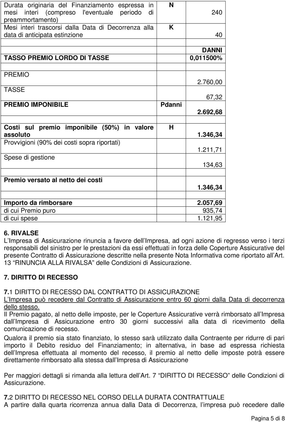 versato al netto dei costi Pdanni H 2.760,00 67,32 2.692,68 1.346,34 1.211,71 134,63 1.346,34 Importo da rimborsare 2.057,69 di cui Premio puro 935,74 di cui spese 1.121,95 6.