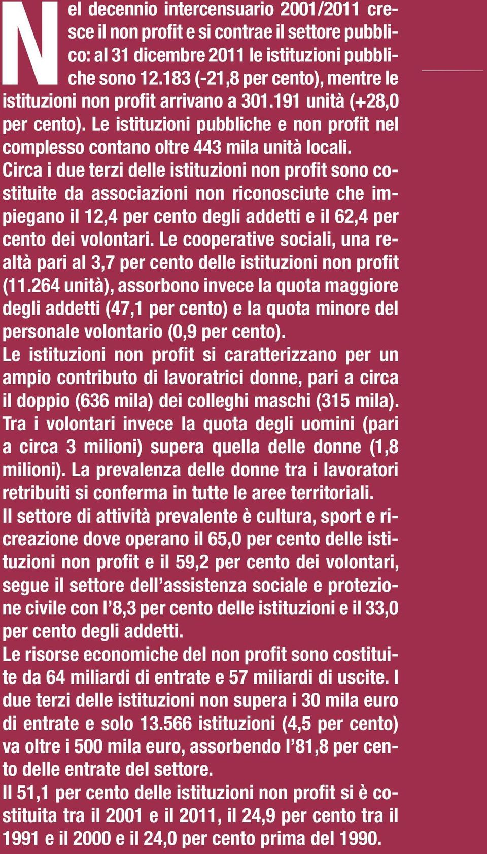 Circa i due terzi delle istituzioni non profit sono costituite da associazioni non riconosciute che impiegano il 12,4 per cento degli addetti e il 62,4 per cento dei volontari.