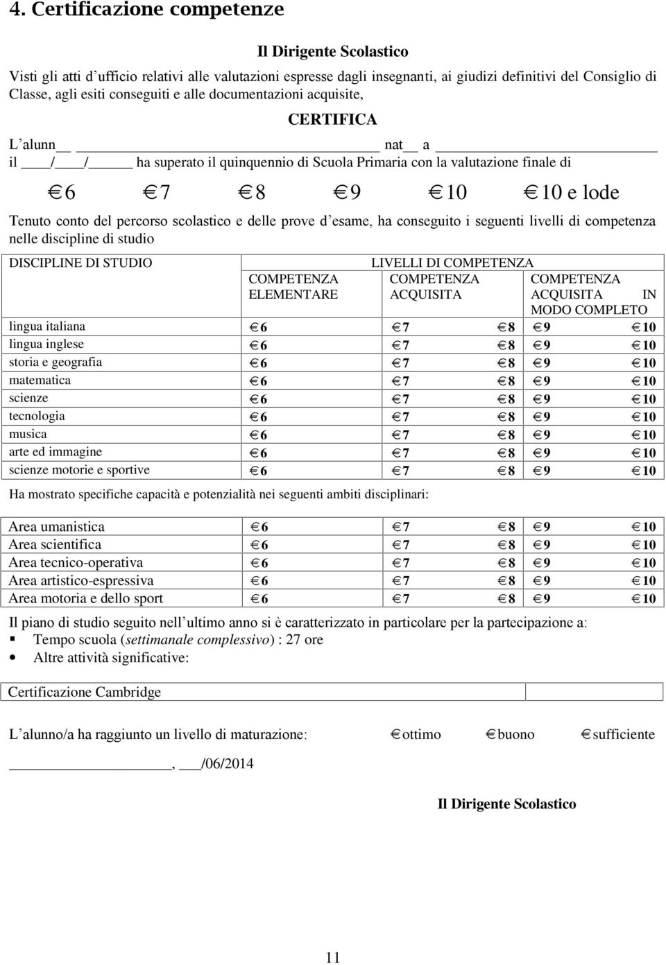 delle prove d esame, ha conseguito i seguenti livelli di competenza nelle discipline di studio DISCIPLINE DI STUDIO LIVELLI DI COMPETENZA COMPETENZA ELEMENTARE COMPETENZA ACQUISITA COMPETENZA