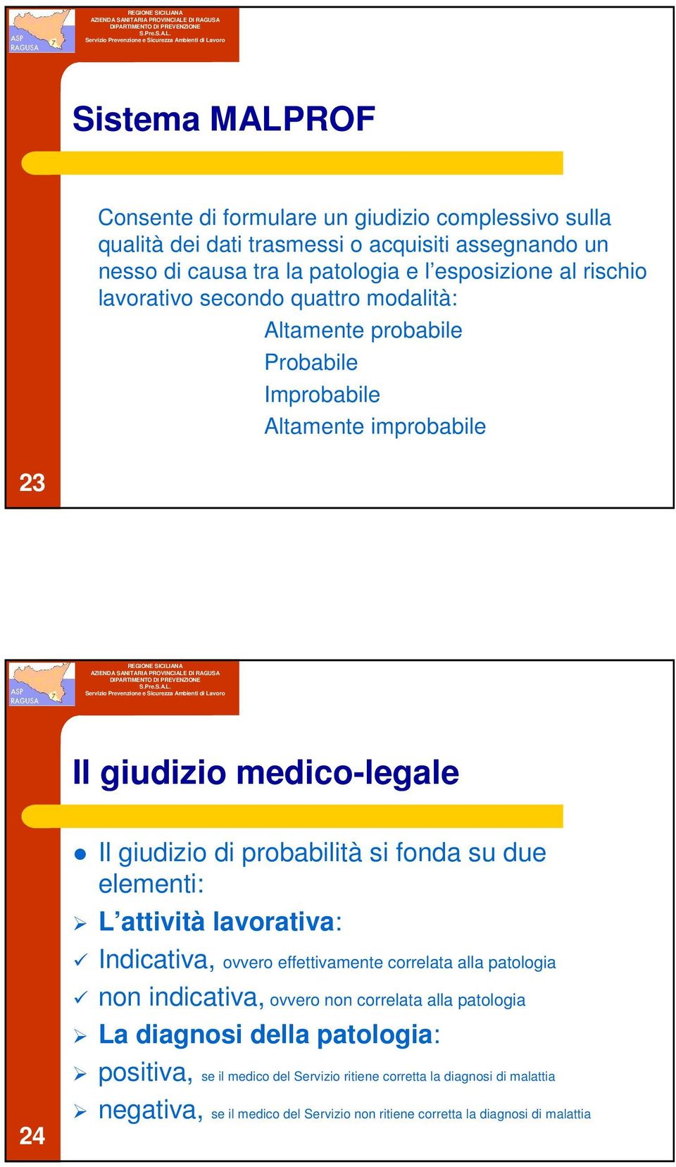 fonda su due elementi: L attività lavorativa: Indicativa, ovvero effettivamente correlata alla patologia non indicativa, ovvero non correlata alla patologia La diagnosi