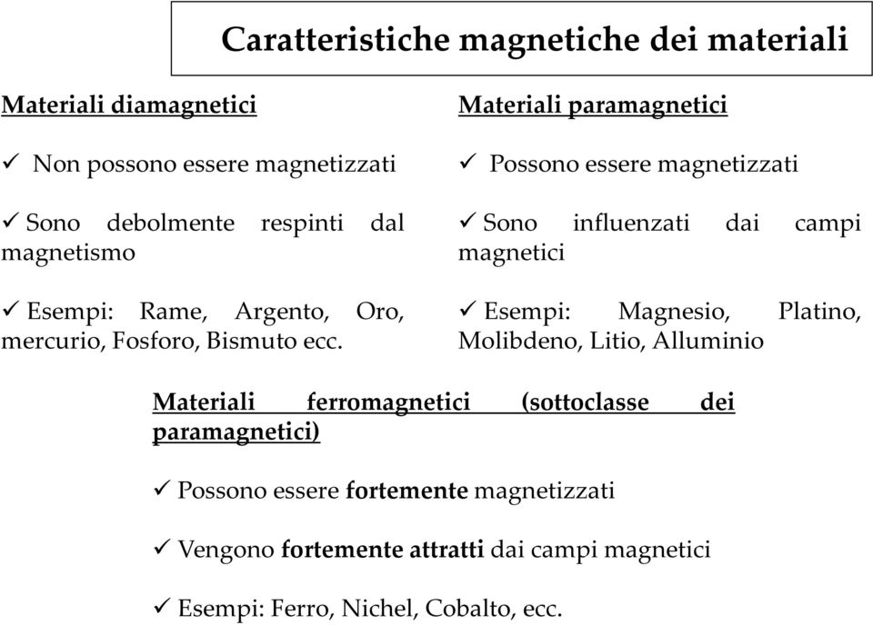 Materiali paramagnetici Possono essere magnetizzati Sono influenzati dai campi magnetici Esempi: Magnesio, Platino, Molibdeno,