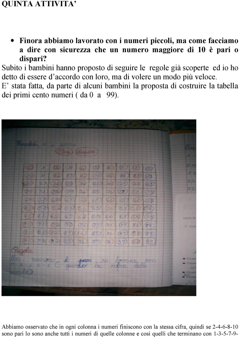 E stata fatta, da parte di alcuni bambini la proposta di costruire la tabella dei primi cento numeri ( da 0 a 99).