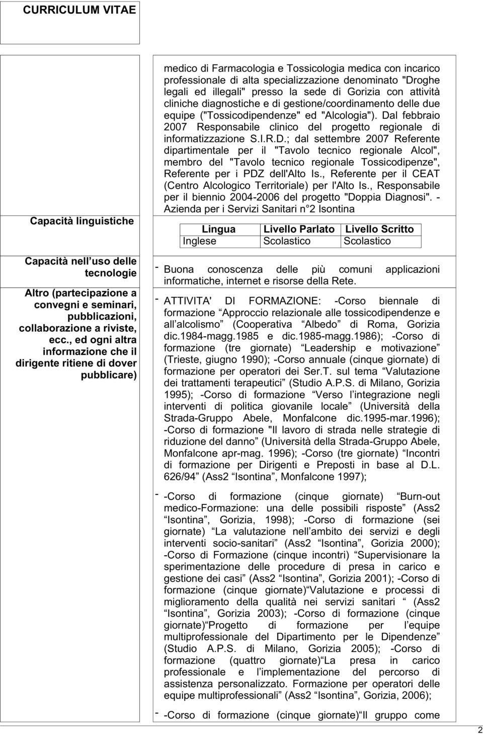 ed illegali" presso la sede di Gorizia con attività cliniche diagnostiche e di gestione/coordinamento delle due equipe ("Tossicodipendenze" ed "Alcologia").