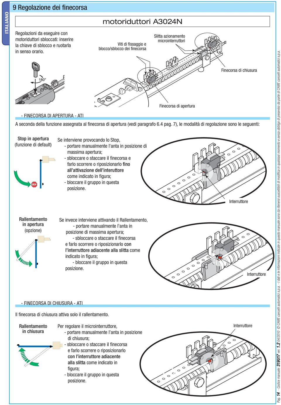 7), le modalità di regolazione sono le seguenti: Stop in apertura (funzione di default) Rallentamento in apertura (opzione) - FINECORSA DI CHIUSURA - ATI Viti di fi ssaggio e blocco/sblocco dei fi