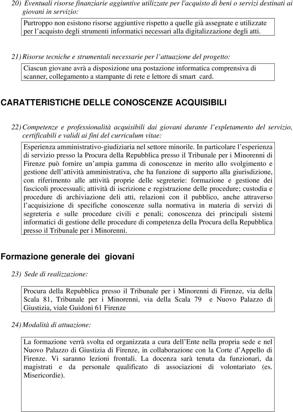 21) Risorse tecniche e strumentali necessarie per l attuazione del progetto: Ciascun giovane avrà a disposizione una postazione informatica comprensiva di scanner, collegamento a stampante di rete e