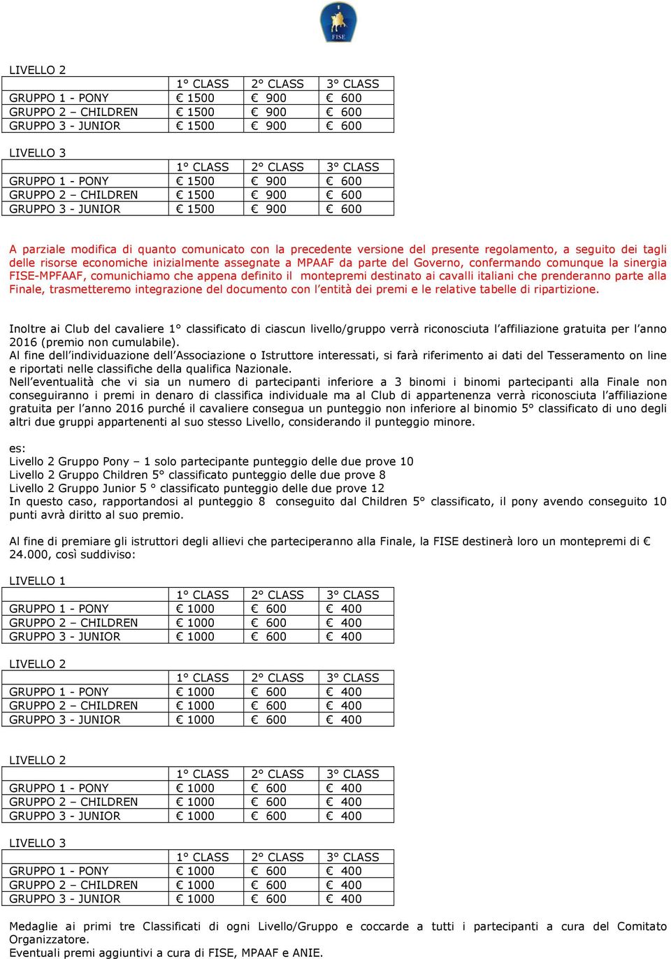 confermando comunque la sinergia FISE-MPFAAF, comunichiamo che appena definito il montepremi destinato ai cavalli italiani che prenderanno parte alla Finale, trasmetteremo integrazione del documento