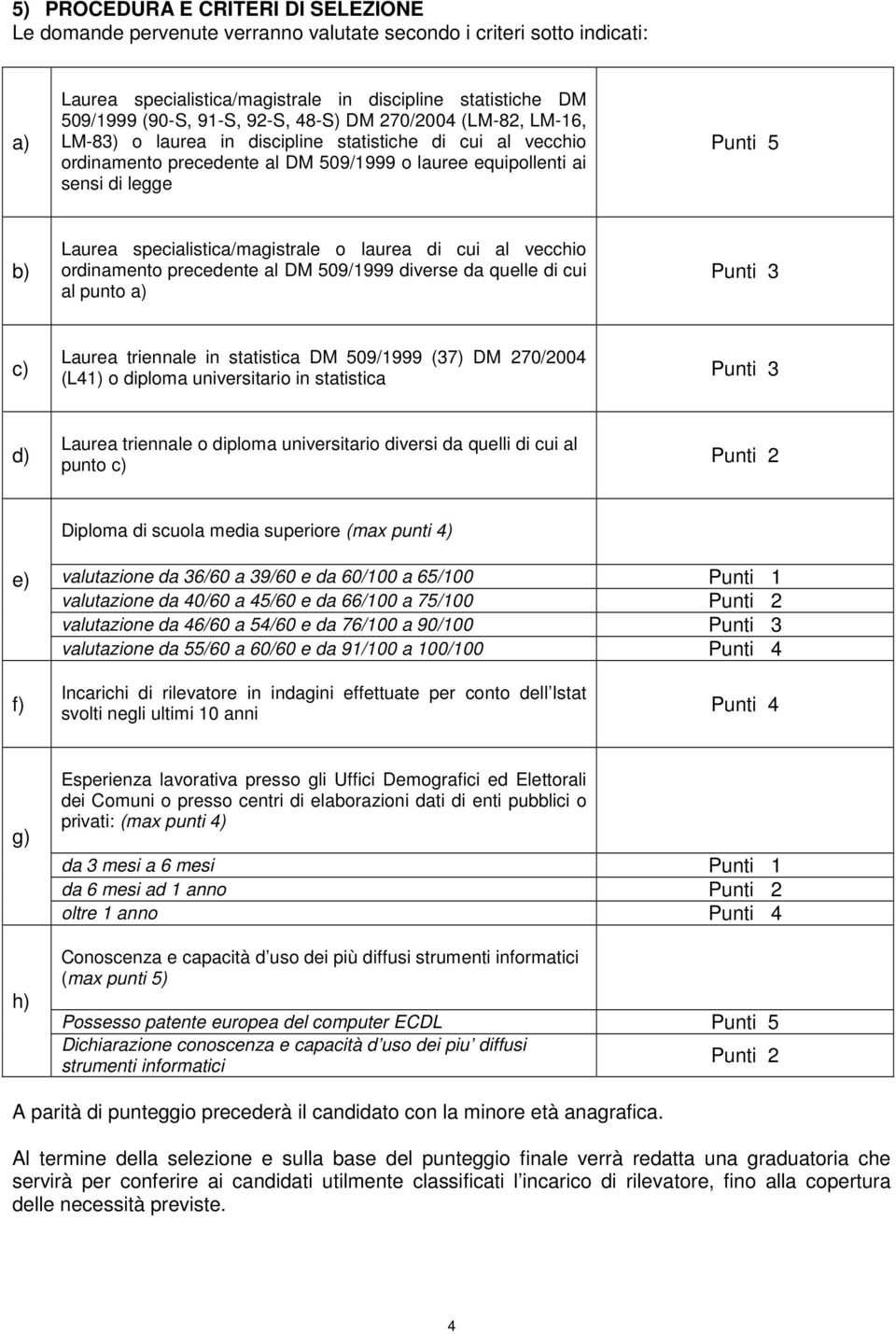 specialistica/magistrale o laurea di cui al vecchio ordinamento precedente al DM 509/1999 diverse da quelle di cui al punto a) Punti 3 c) Laurea triennale in statistica DM 509/1999 (37) DM 270/2004