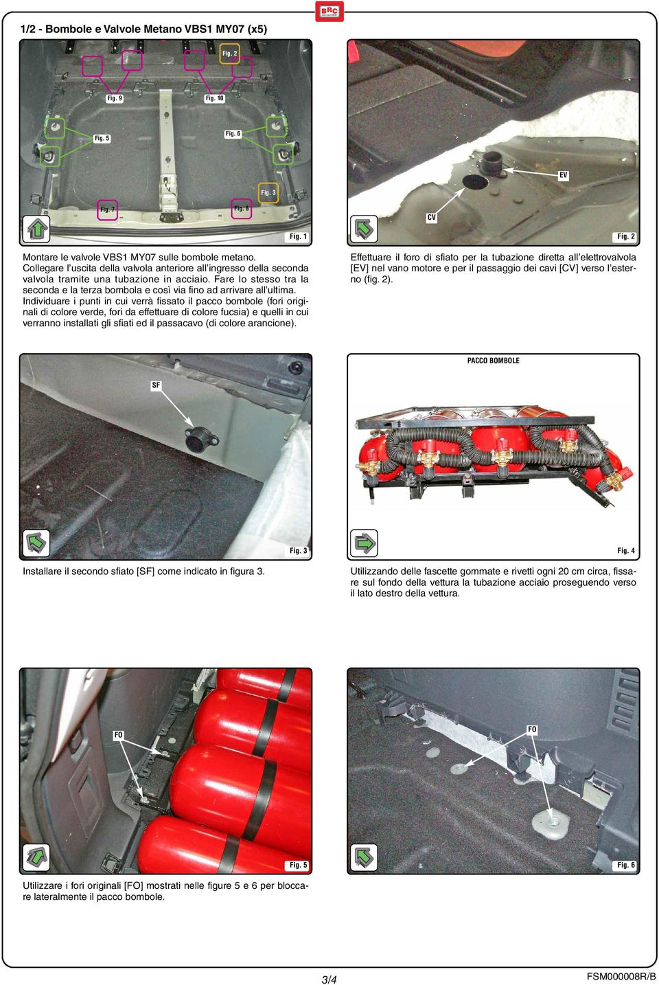 Individuare i punti in cui verrà fissato il pacco bombole (fori originali di colore verde, fori da effettuare di colore fucsia) e quelli in cui verranno installati gli sfiati ed il passacavo (di