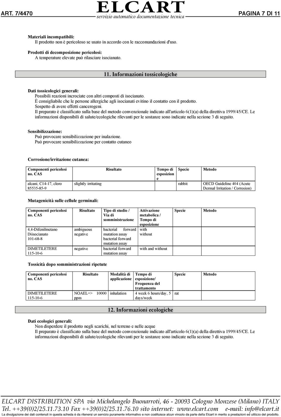 Informazioni tossicologiche Dati tossicologici generali: Possibili reazioni incrociate con altri composti di isocianato.