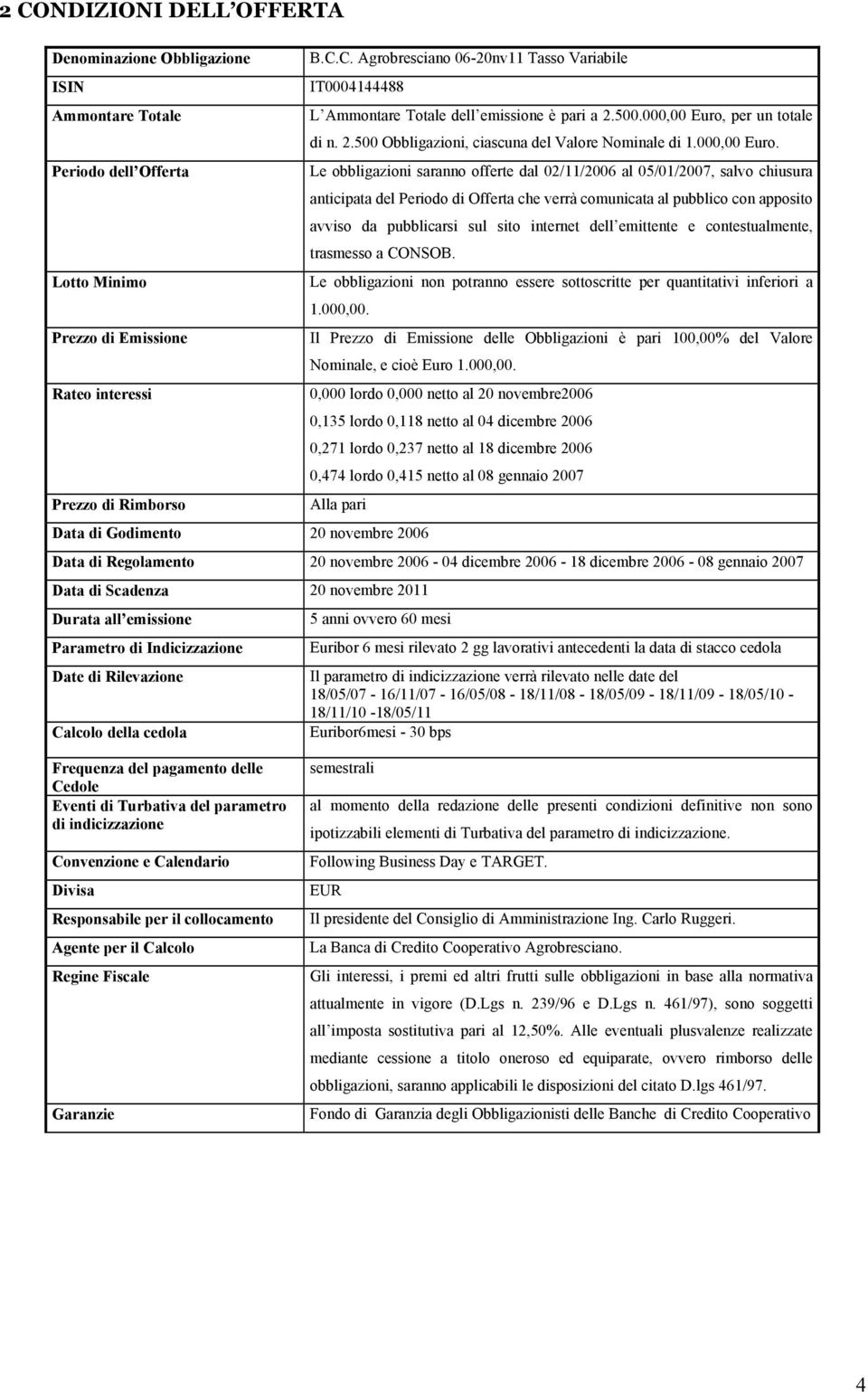 per un totale di n. 2.500 Obbligazioni, ciascuna del Valore Nominale di 1.000,00 Euro.