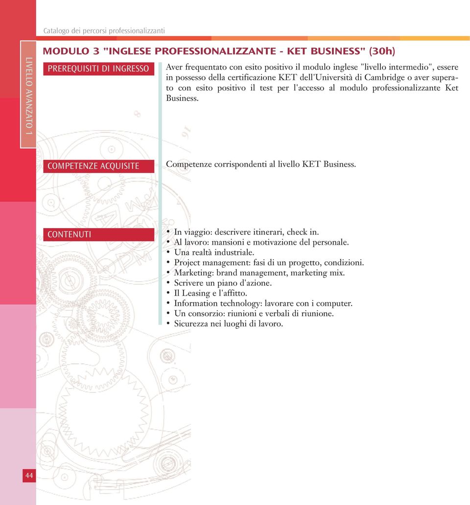 Competenze corrispondenti al livello KET Business. In viaggio: descrivere itinerari, check in. Al lavoro: mansioni e motivazione del personale. Una realtà industriale.