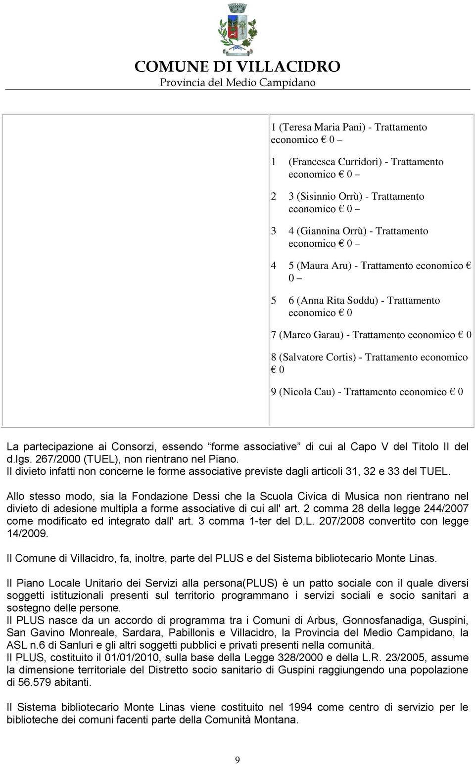 Trattamento economico 0 La partecipazione ai Consorzi, essendo forme associative di cui al Capo V del Titolo II del d.lgs. 267/2000 (TUEL), non rientrano nel Piano.