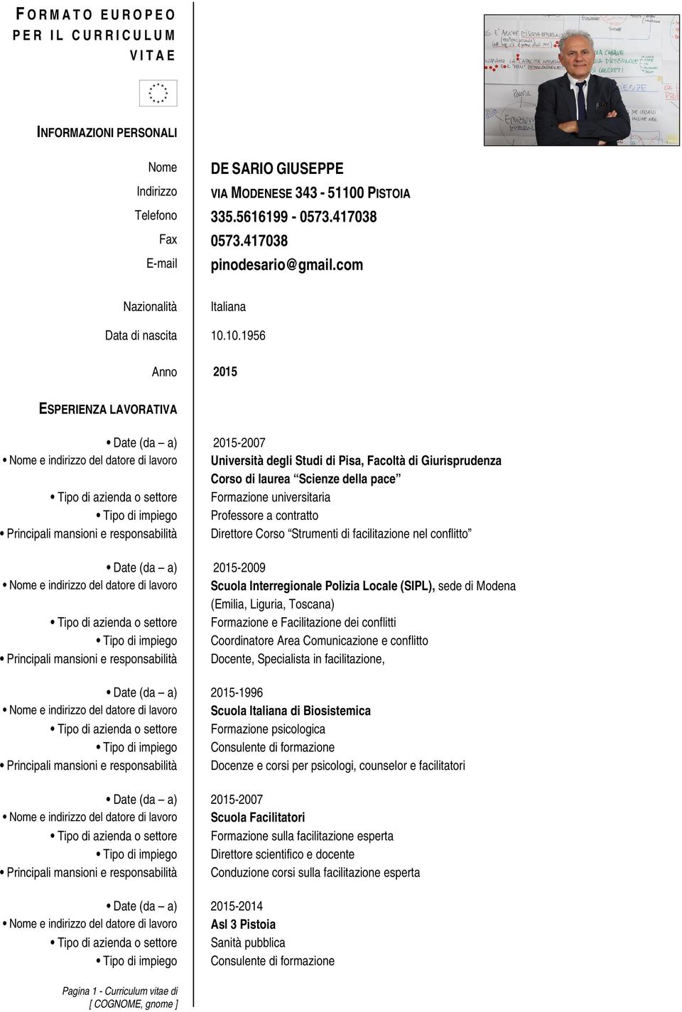 10.1956 Anno 2015 ESPERIENZA LAVORATIVA Date (da a) 2015-2007 Nome e indirizzo del datore di lavoro Università degli Studi di Pisa, Facoltà di Giurisprudenza Corso di laurea Scienze della pace Tipo