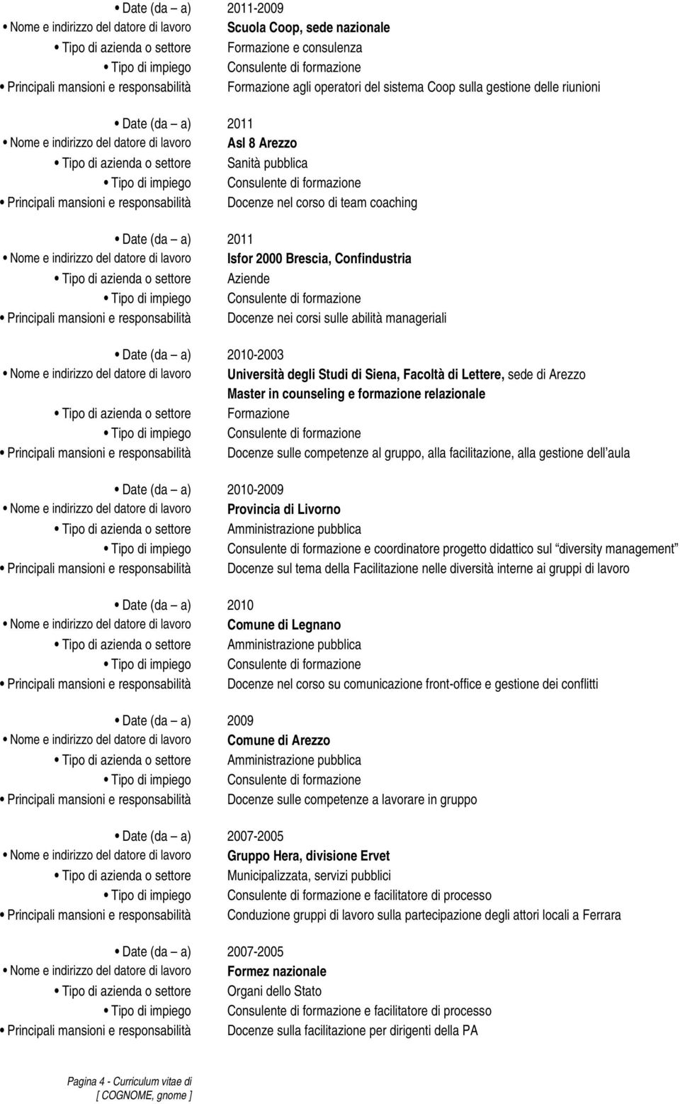 Date (da a) 2011 Nome e indirizzo del datore di lavoro Isfor 2000 Brescia, Confindustria Tipo di azienda o settore Aziende Principali mansioni e responsabilità Docenze nei corsi sulle abilità