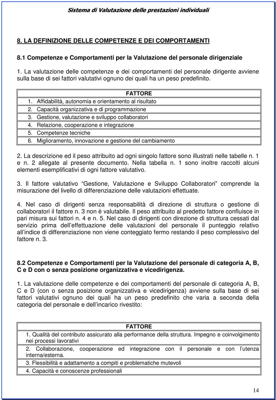 Affidabilità, autonomia e orientamento al risultato 2. Capacità organizzativa e di programmazione 3. Gestione, valutazione e sviluppo collaboratori 4. Relazione, cooperazione e integrazione 5.