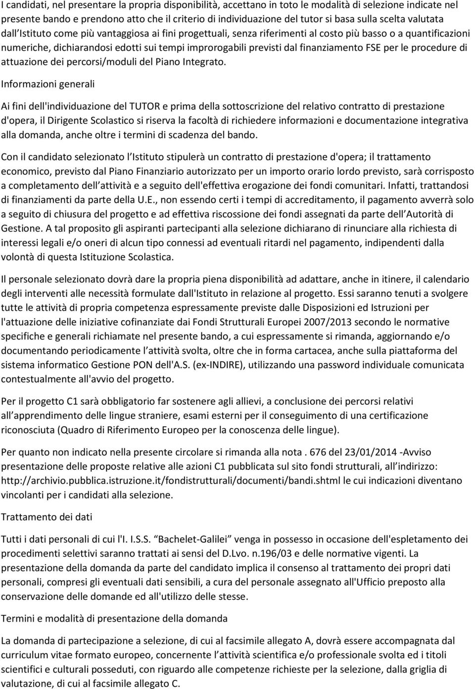 finanziamento FSE per le procedure di attuazione dei percorsi/moduli del Piano Integrato.