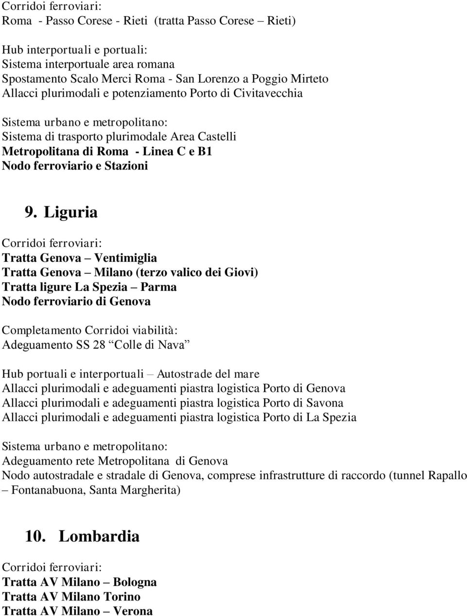 Liguria Tratta Genova Ventimiglia Tratta Genova Milano (terzo valico dei Giovi) Tratta ligure La Spezia Parma Nodo ferroviario di Genova Completamento Corridoi viabilità: Adeguamento SS 28 Colle di