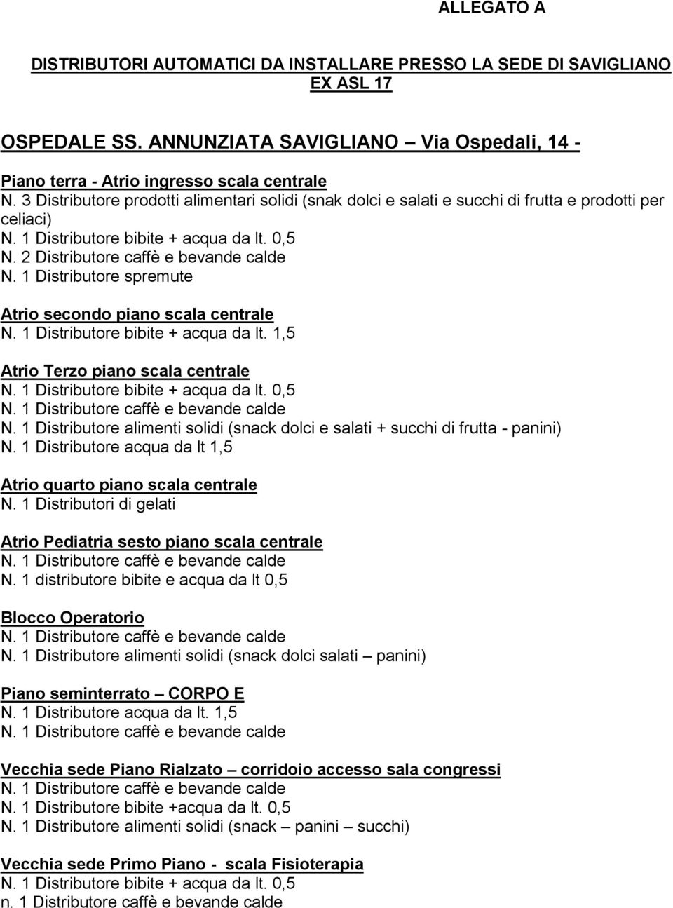 1 Distributore spremute Atrio secondo piano scala centrale N. 1 Distributore bibite + acqua da lt. 1,5 Atrio Terzo piano scala centrale N.