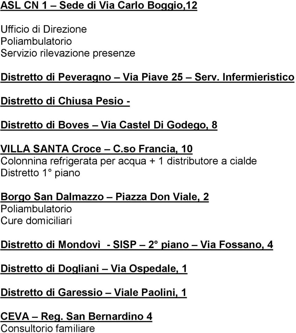 so Francia, 10 Colonnina refrigerata per acqua + 1 distributore a cialde Distretto 1 piano Borgo San Dalmazzo Piazza Don Viale, 2 Poliambulatorio