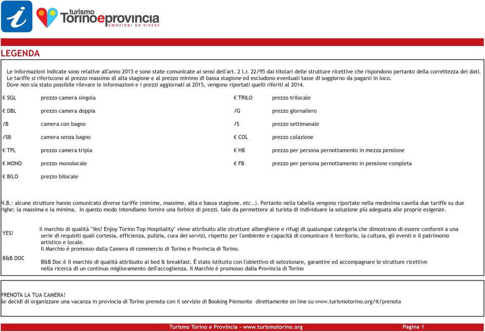 Dove non sia stato possibile rilevare le informazioni e i prezzi aggiornati al 2015, vengono riportati quelli riferiti al 2014.