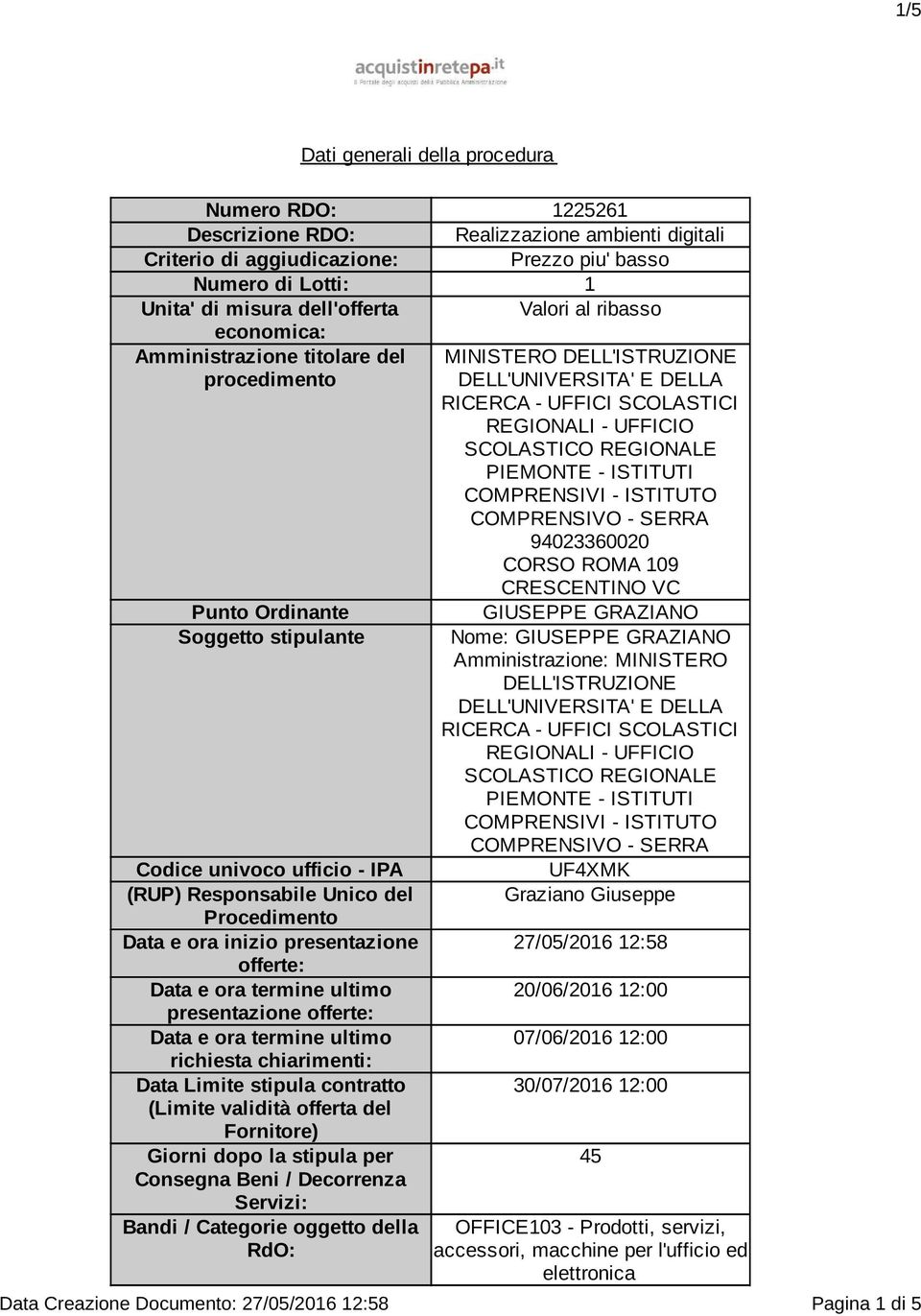 - ISTITUTI COMPRENSIVI - ISTITUTO COMPRENSIVO - SERRA 94023360020 CORSO ROMA 109 CRESCENTINO VC Punto Ordinante Soggetto stipulante Codice univoco ufficio - IPA (RUP) Responsabile Unico del