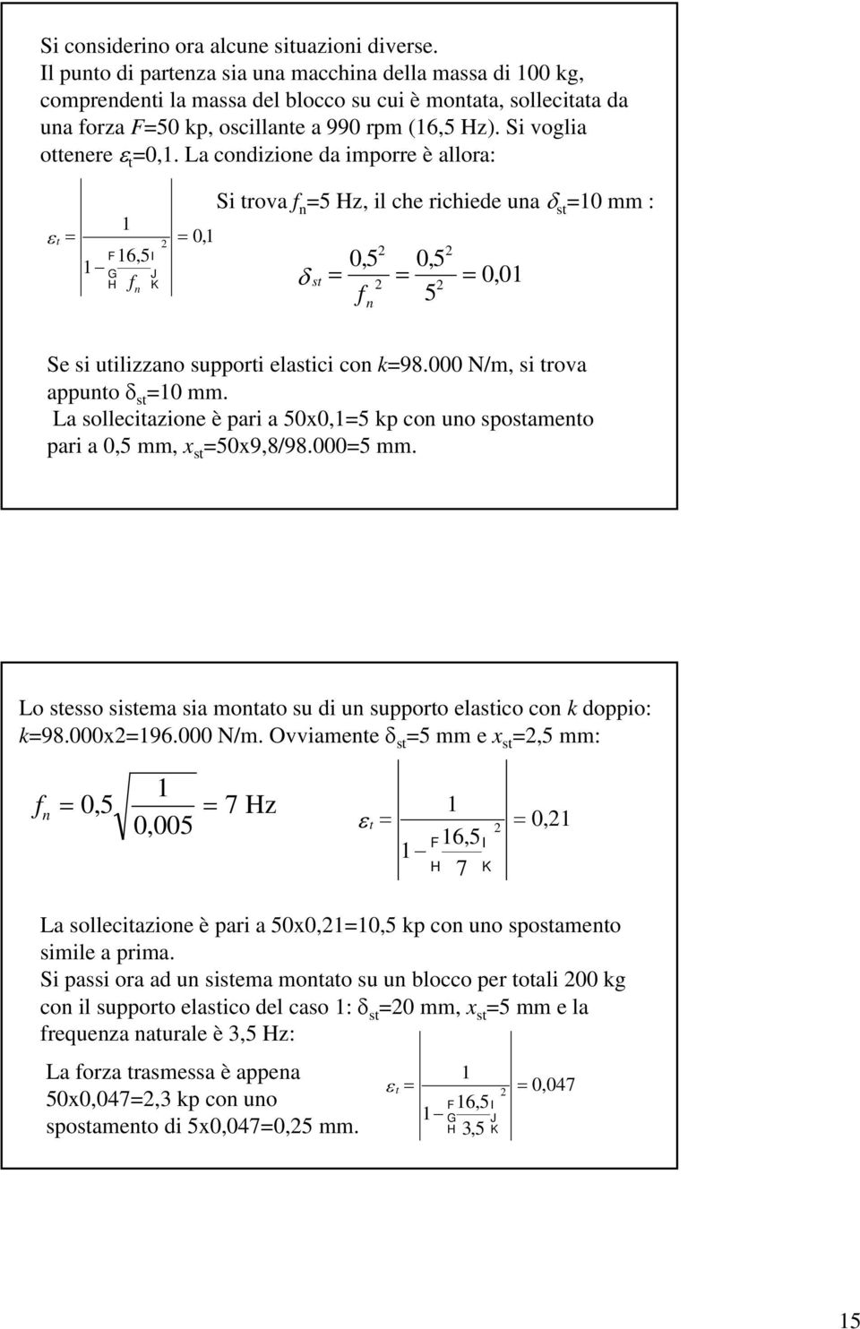 La codizioe da imporre è allora: ε t = 1 F H G 1 16, 5 f I K J = 01, Si trova f =5 Hz, il che richiede ua δ st =10 mm : 05, 05, δ = st f = = 5 001, Se si utilizzao supporti elastici co k=98.