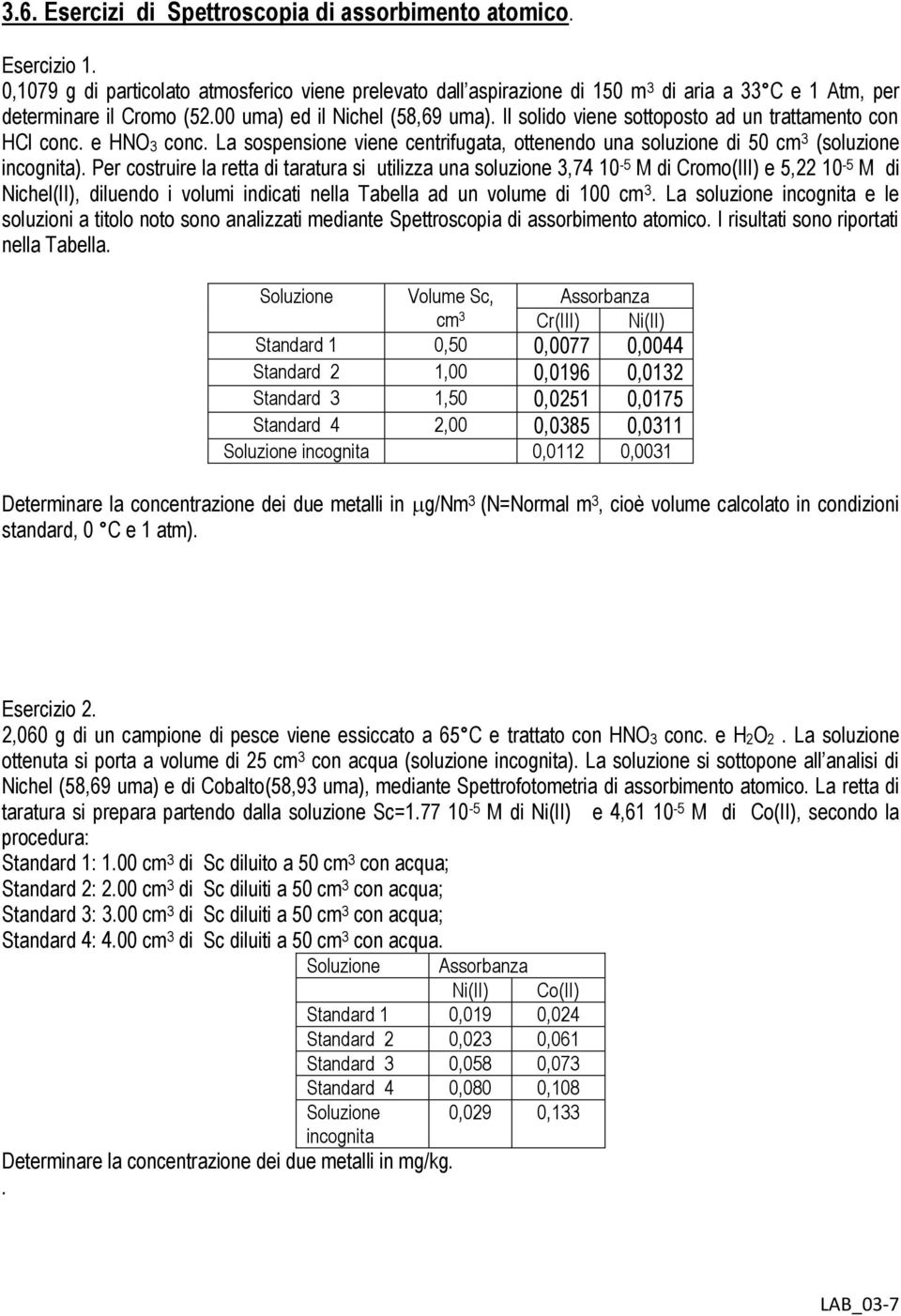 Per costruire la retta di taratura si utilizza una soluzione 3,74 10-5 M di Cromo(III) e 5,22 10-5 M di Nichel(II), diluendo i volumi indicati nella Tabella ad un volume di 100 cm 3.