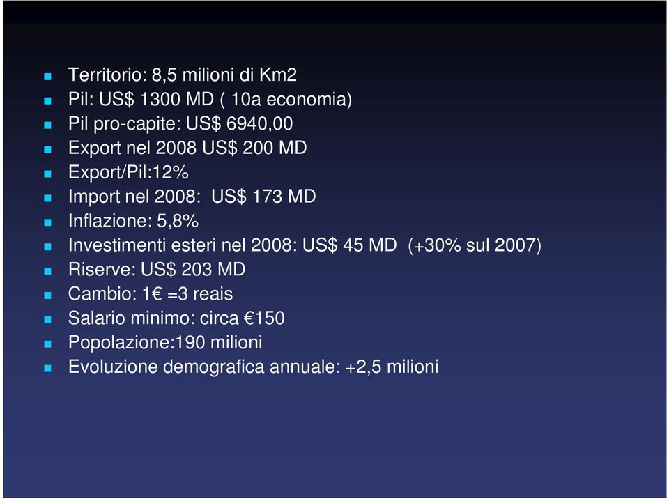 US$ 45 MD (+30% sul 2007) Investimenti esteri nel 2008: US$ 45 MD (+30% sul 2007) Riserve: US$ 203 MD