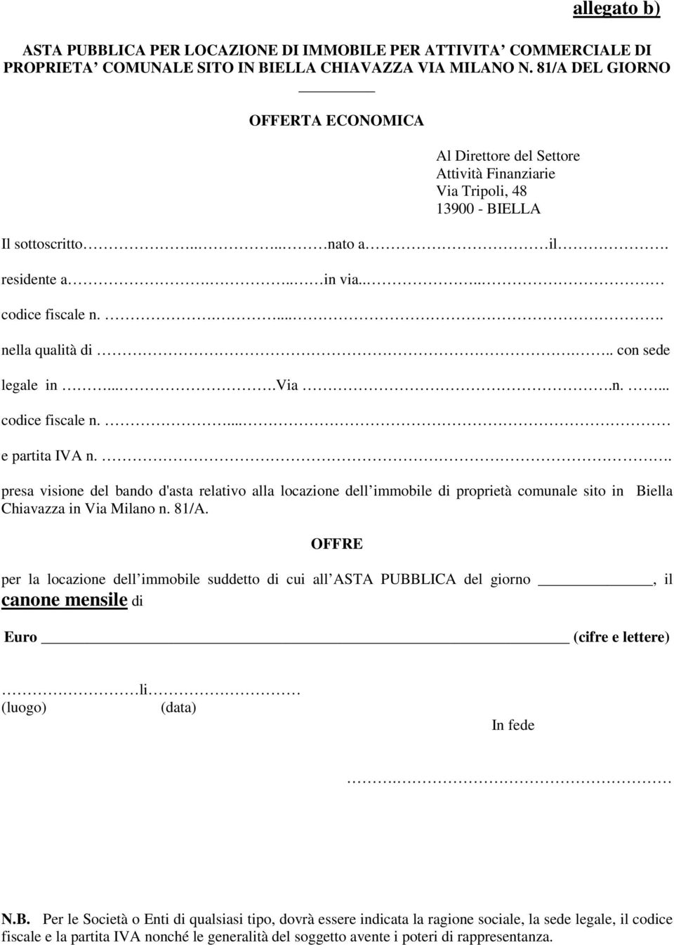 ..... nella qualità di... con sede legale in....via.n.... codice fiscale n.... e partita IVA n.