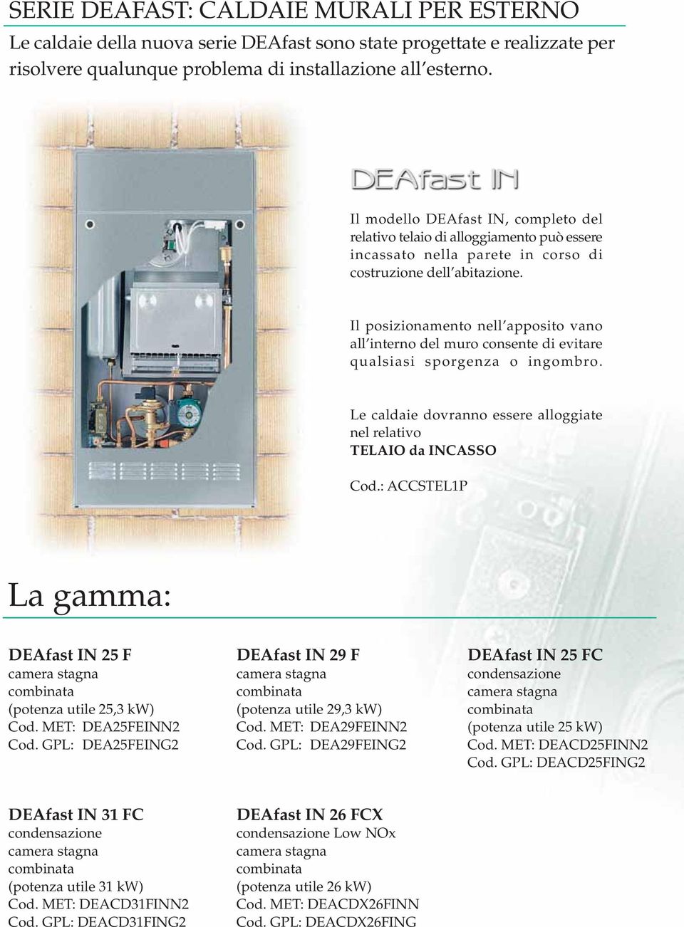 Il posizionamento nell apposito vano all interno del muro consente di evitare qualsiasi sporgenza o ingombro. Le caldaie dovranno essere alloggiate nel relativo TELAIO da INCASSO Cod.