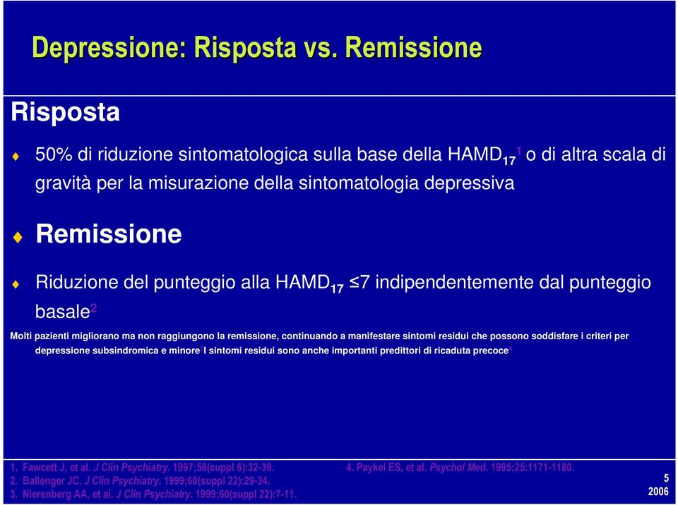 punteggio alla HAMD 17 7 indipendentemente dal punteggio basale 2 Molti pazienti migliorano ma non raggiungono la remissione, continuando a manifestare sintomi residui che possono soddisfare i