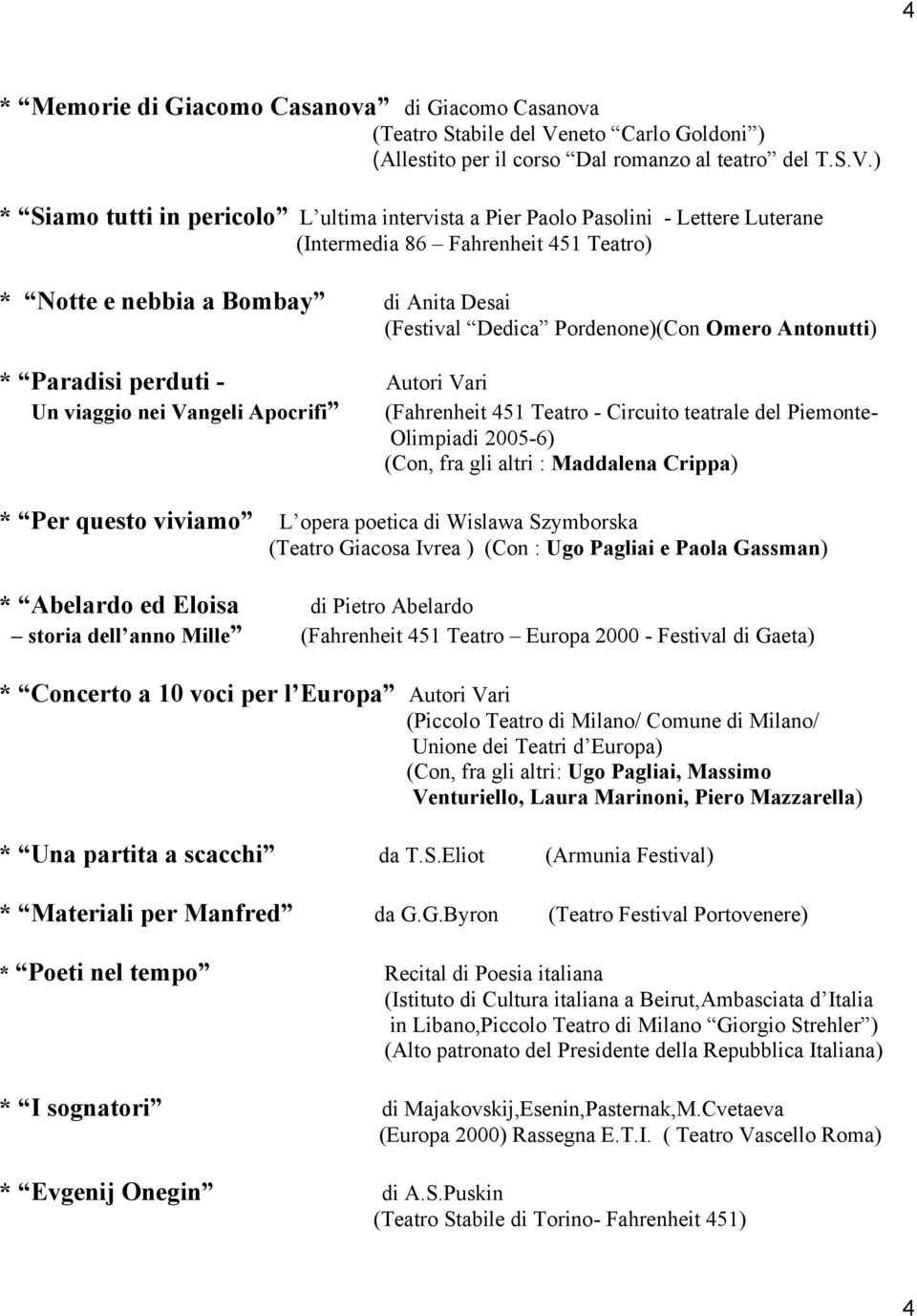 ) * Siamo tutti in pericolo L ultima intervista a Pier Paolo Pasolini - Lettere Luterane (Intermedia 86 Fahrenheit 451 Teatro) * Notte e nebbia a Bombay di Anita Desai (Festival Dedica Pordenone)(Con