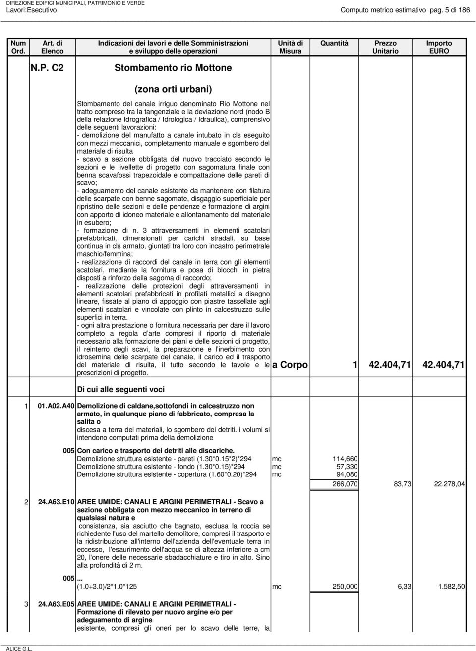 Idrologica / Idraulica), comprensivo delle seguenti lavorazioni: - demolizione del manufatto a canale intubato in cls eseguito con mezzi meccanici, completamento manuale e sgombero del materiale di