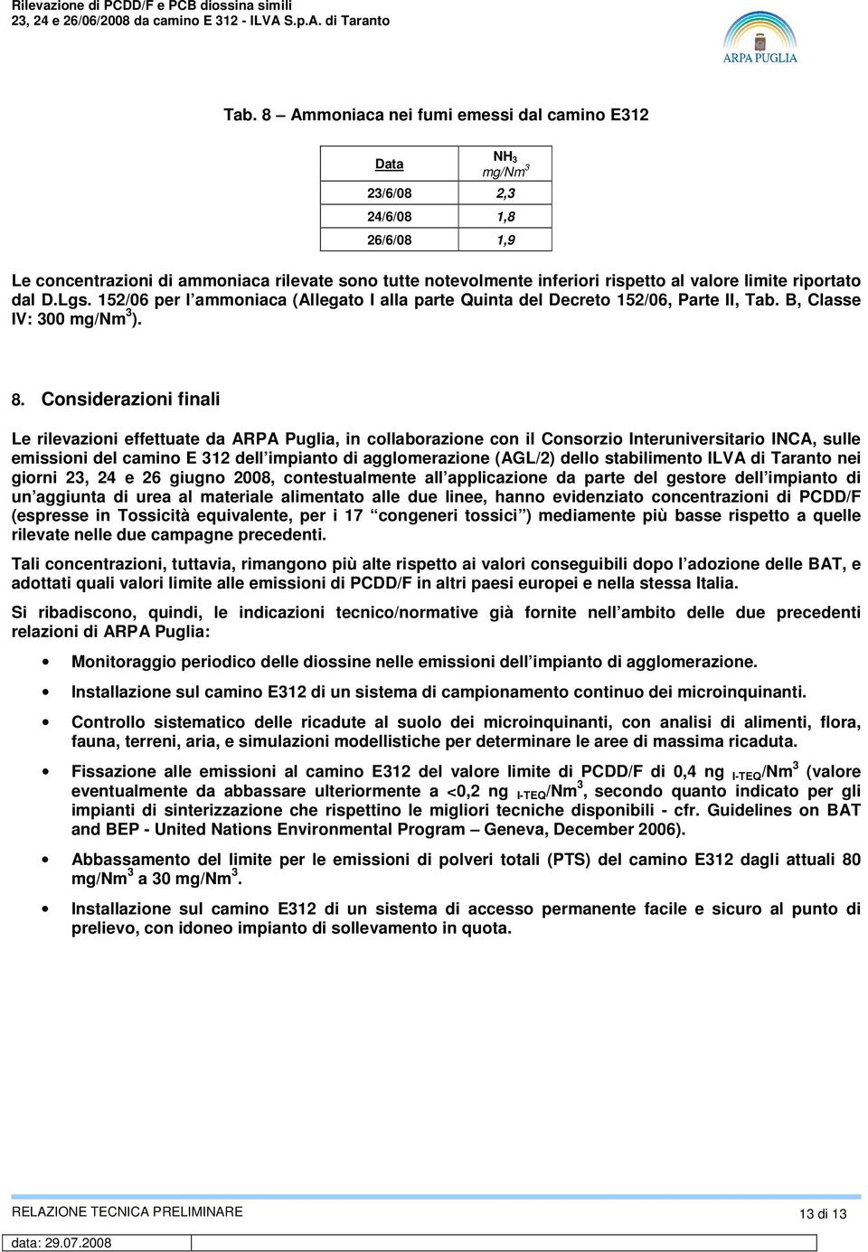 Considerazioni finali Le rilevazioni effettuate da ARPA Puglia, in collaborazione con il Consorzio Interuniversitario INCA, sulle emissioni del camino E 312 dell impianto di agglomerazione (AGL/2)
