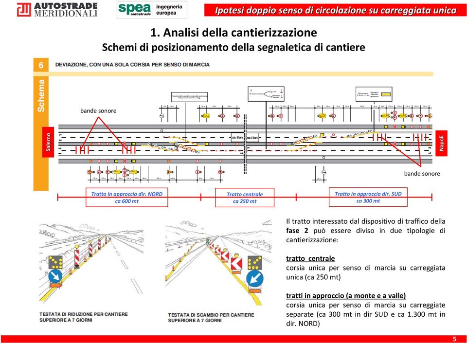 SUD ca 300 mt Il tratto interessato dal dispositivo di traffico della fase 2 può essere diviso in due tipologie di cantierizzazione: tratto